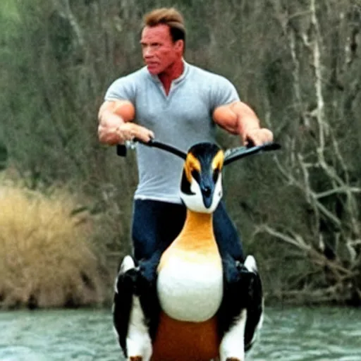 Prompt: schwarzenegger riding a goose