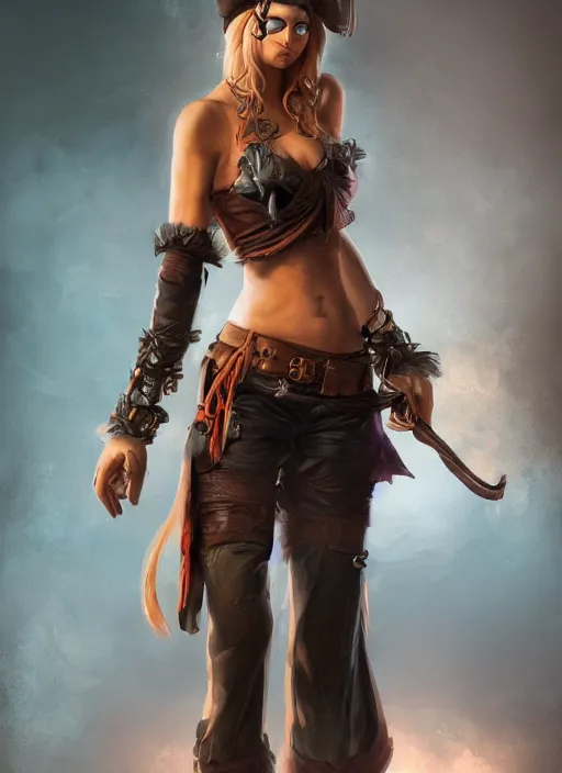 Image similar to full body concept art of a female pirate, airbrushed painting, stunning, featured on artstation, cinematic lighting, hyperdetailed, cgsociety, 8k, dramatic, dark atmosphere, alluring