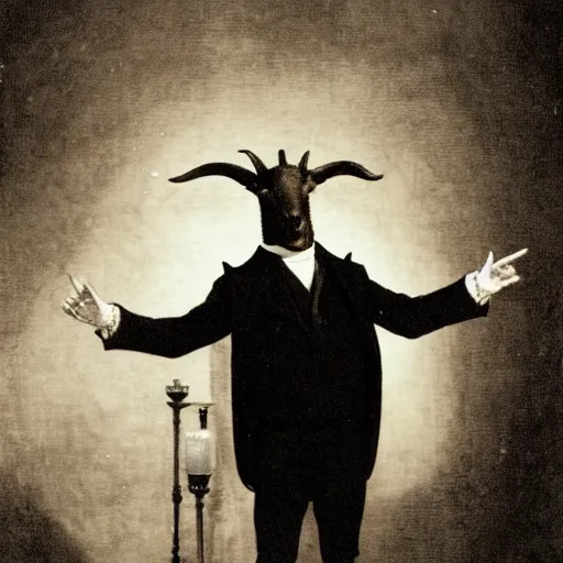 Image similar to Photo of a goat-headed victorian-style magician in a dimly lit room of a gothic castle