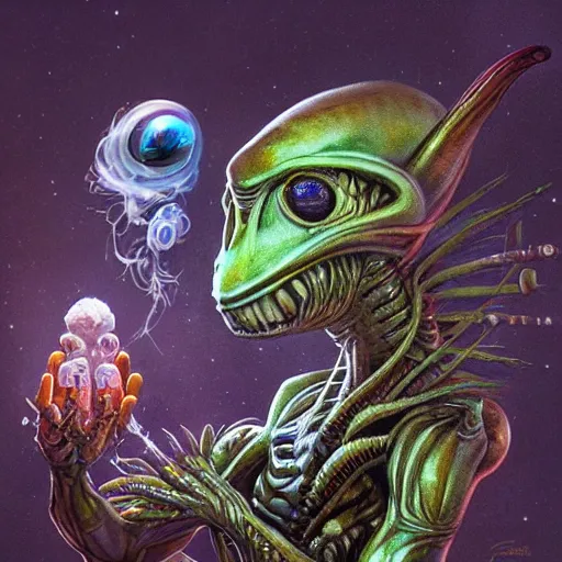 Image similar to Alien, weed, smoke, crystals, and esoteric imagery, concept art by Justin Gerard, highly detailed, ultra detailed, ultra realistic, trending on artstation