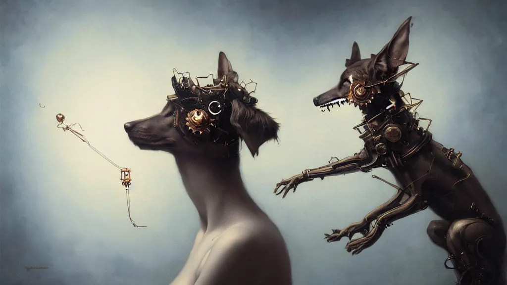 Prompt: a clockwork dog contemplating its existence, in the style of peter mohrbacher by weta digital and beth cavener, masterpiece, award winning, high face symmetry, intricatein the style of peter mohrbacher by weta digital and beth cavener, masterpiece, award winning, high face symmetry, intricate