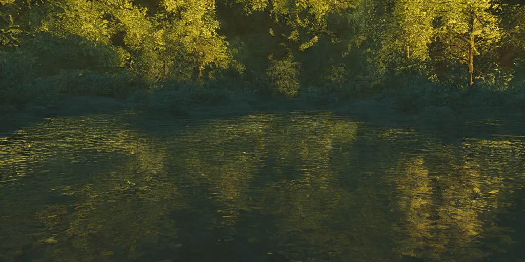 Image similar to a river in a forest, golden hour, ray tracing reflection, 8k, hyper realistic, elegant, highly detailed, ornate, beautifully lit, ray traced, octane render