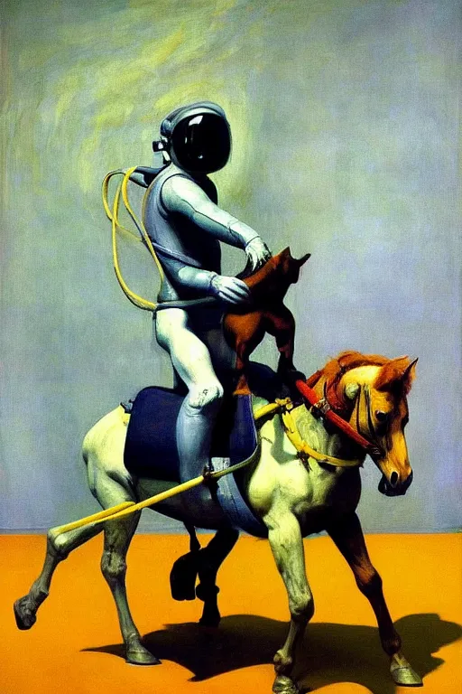 Prompt: astronaut carrying a horse on his shoulders, hauntingly surreal, highly detailed painting by francis bacon, edward hopper, adrian ghenie, gerhard richter, and james jean soft light 4 k,