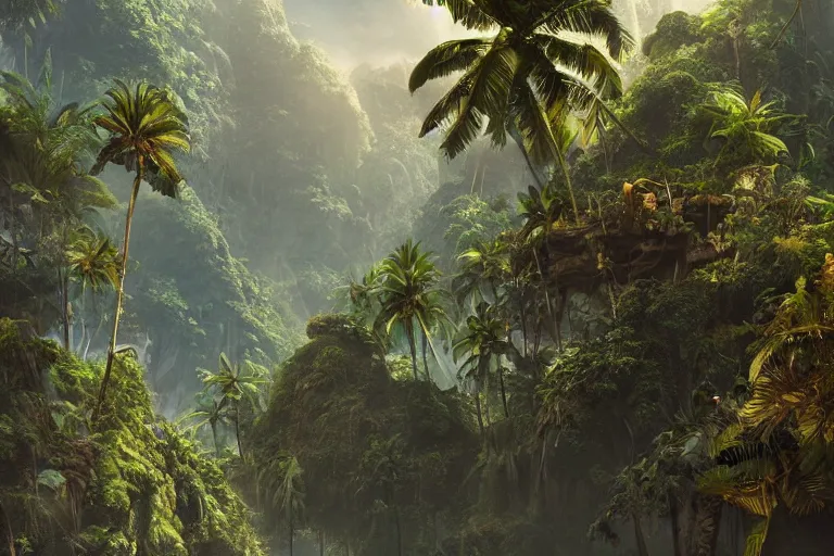 Prompt: exotic tropical jungle, concept art, matte painting, 4k , clean post process, film still, style by raphael lacoste, eddie mendoza, alex ross