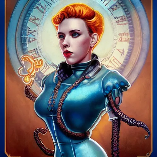 Image similar to lofi underwater bioshock steampunk portrait of scarlett johansson, octopus, Pixar style, by Tristan Eaton Stanley Artgerm and Tom Bagshaw.