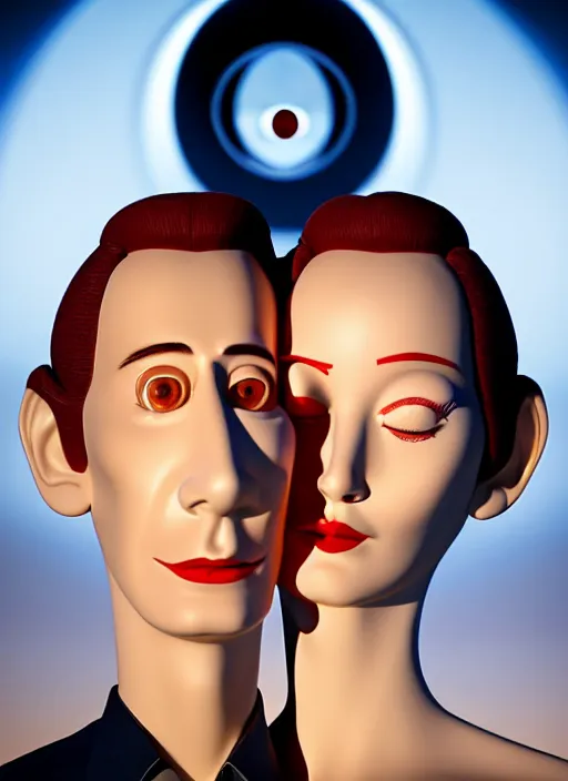 Image similar to style of santiago calatrava and salvador dali, perfectly centered symmetrical balanced male and female portrait of man and woman in love sharing one heart. high coherence ; 3 d cartoon unreal engine pixar 8 k ultra hd