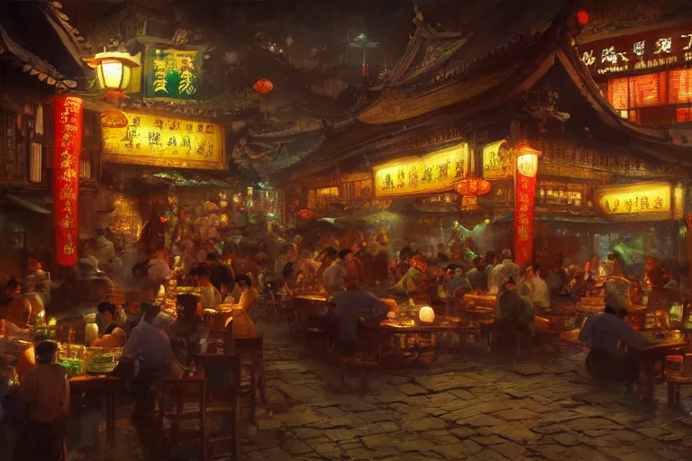 Image similar to fantasy art of a bustling tavern in china, at night, by craig mullins, highly detailed digital art, trending on artstation