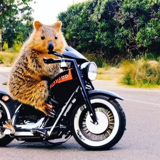 Prompt: a quokka riding a Harley Davidson motorbike