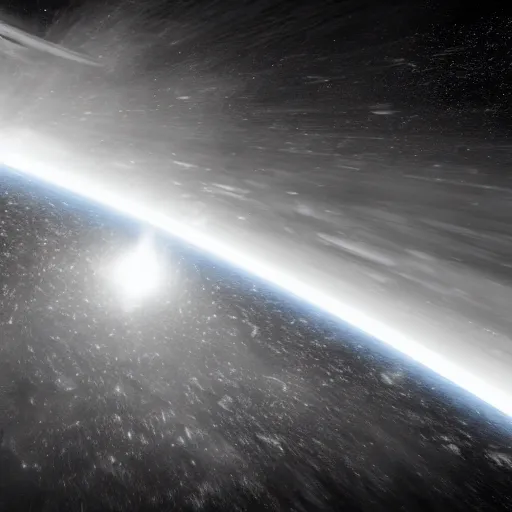 Image similar to planet imploding, highly detailed, realistic, cinematic lighting, atmospheric, nebula, debris flying, super nova, magma, black hole, black and white