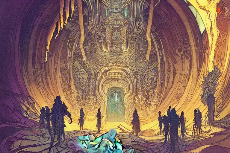 Prompt: delicate retro scifi illustration by rebecca guay of a large group of people entering the glowing doorway of a massive vulva - shaped temple constructed of carved iridescent pearls and house - sized crystals of impossible architecture floating in the astral plane, trending on cgsociety.