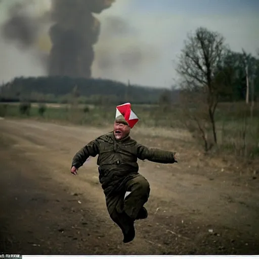 Prompt: a funny, intimidated ukrainian with a chub on his head in a vyshvanka is jumping trying to dodge napalm on the ground from a nuclear mushroom in the background