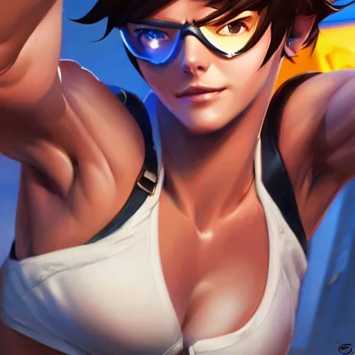 Image similar to a highly detailed portait of tracer from overwatch with muscles, digital art, pretty face, muscular, very beautiful face, very detailed eyes, 8 k resolution, digital painting, by james gurney wlop, greg rutkowski, full body