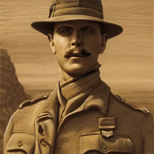 Image similar to a detailed photorealistic sepia - toned color portrait painting of a 1 9 1 7 worried clean - shaven british lieutenant in detailed field gear not wearing a hat in wadi rum, ultra realistic, intricate details, lovecraft, atmospheric, dark, horror, brooding, highly detailed, by clyde caldwell