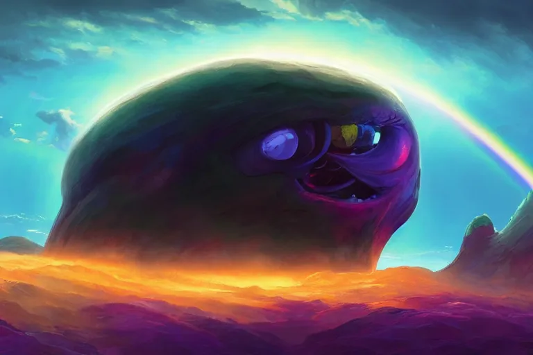 Prompt: the gigantic face of a rainbow colored alien creatures stare at the earth through the sky, mesmerizing, fantastical, concept art, highly detailed, artstation, trending, feng zhu, shaddy safadi, noah bradley, tyler edlin, jordan grimmer, darek zabrocki, neil blevins, tuomas korpi, wlop