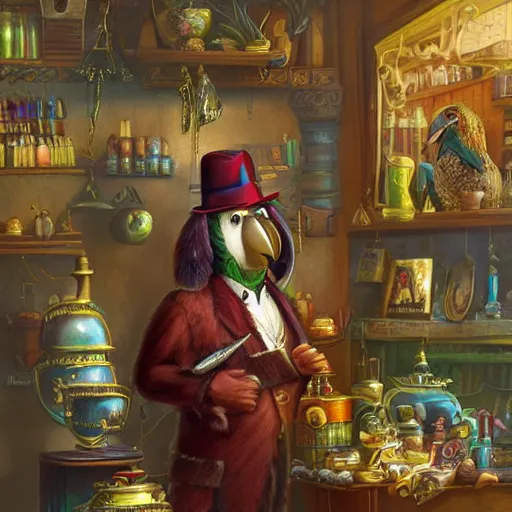 Image similar to Anthropomorphized parrot trader in his shop, selling his wares, portrait, items, gold, carpet, window, sly expression , cunning expression, cute expression, presenting wares, holding a gold bag, D&D, fantasy, cinematic lighting, highly detailed, digital painting, artstation, concept art, smooth, sharp focus, illustration, warm light, cozy warm tint, magic the gathering artwork, volumetric lighting, 8k, art by Akihiko Yoshida, Greg Rutkowski