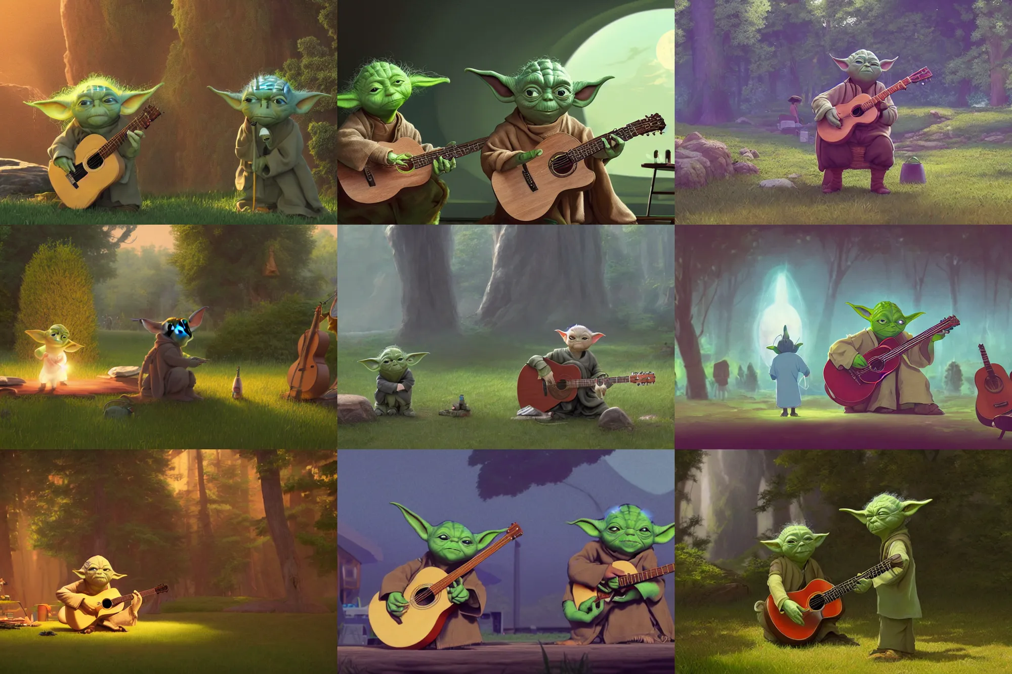 Prompt: a wholesome illustration of a Yoda playing the acoustic guitar at Woodstock hippie concert, studio Ghibli, Pixar and Disney animation, sharp, Rendered in Redshift and Unreal Engine 5 by Greg Rutkowski, Bloom, dramatic lighting