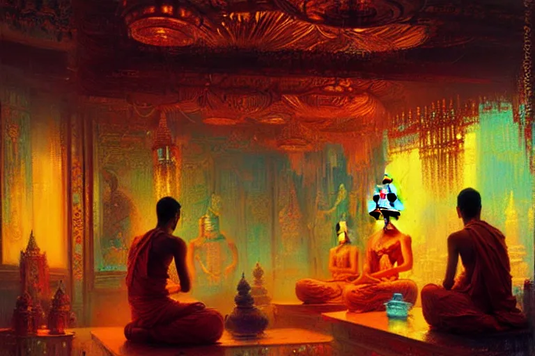 Image similar to buddhism, neon light, painting by gaston bussiere, greg rutkowski, jean giraud