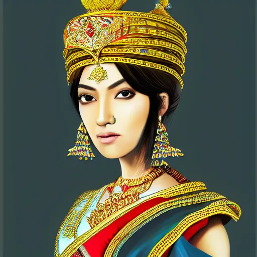 Prompt: painterly portrait of a beautiful asian indian queen mixed with british royal garb trending on artstation