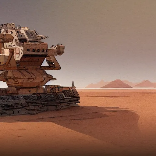 Prompt: sci-fi barge floating over a desert landscape in the style of Ian McQue