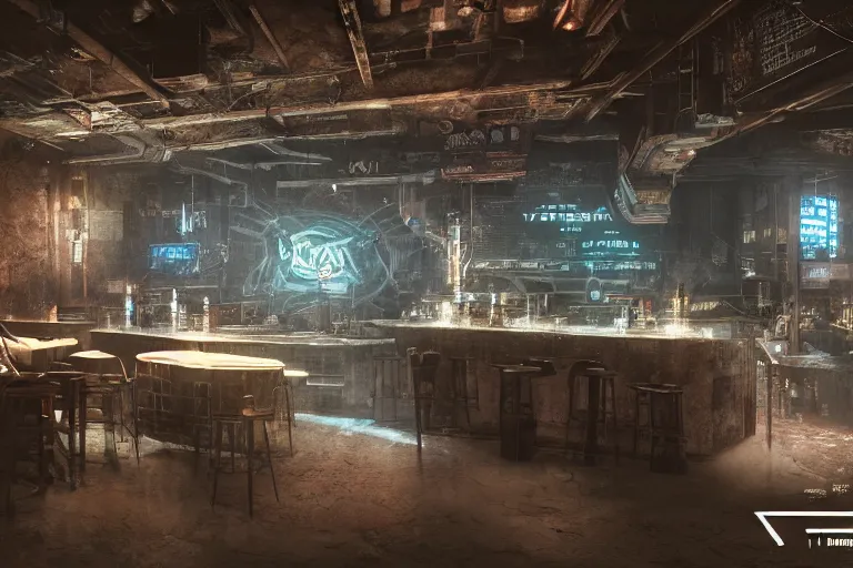 Image similar to ultra mega super hyper realistic Digital concept interior design of cyberpunk tavern with stone walls and neon lights, a lot of electronics, many details in style of Hiromasa Ogura and Josan Gonzalez. Natural white sunlight from the transperient roof. Rendered in VRAY and DaVinci Resolve and MAXWELL and LUMION 3D, Volumetric natural light