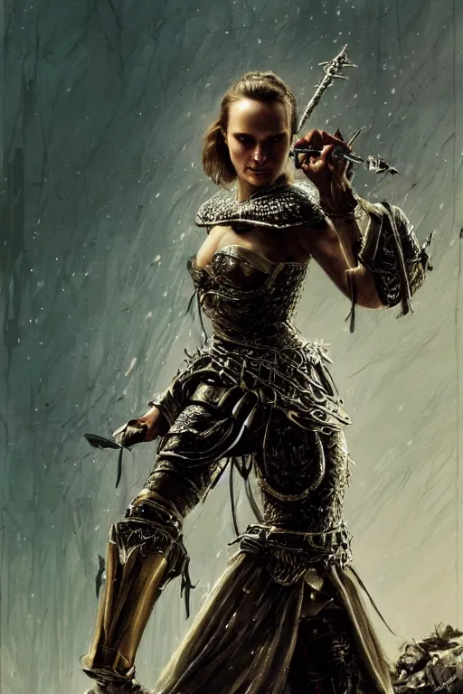 Image similar to natalie portman, warrior, partially clothed in metal battle armor, lord of the rings, tattoos, decorative ornaments, by carl spitzweg, ismail inceoglu, vdragan bibin, hans thoma, greg rutkowski, alexandros pyromallis, perfect face, fine details, realistic shading