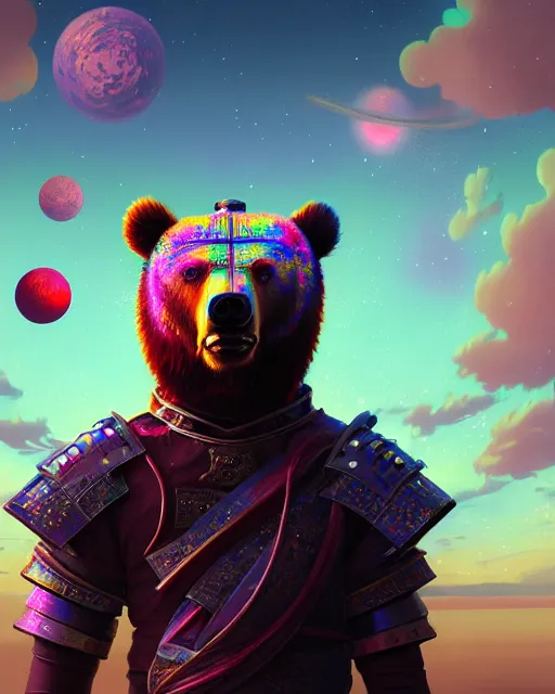 Image similar to highly detailed surreal vfx portrait of a metallic chromatic samurai bear in front of planets filled sky, stephen bliss, unreal engine, greg rutkowski, loish, rhads, beeple, makoto shinkai and lois van baarle, ilya kuvshinov, rossdraws, tom bagshaw, alphonse mucha, global illumination, detailed and intricate environment