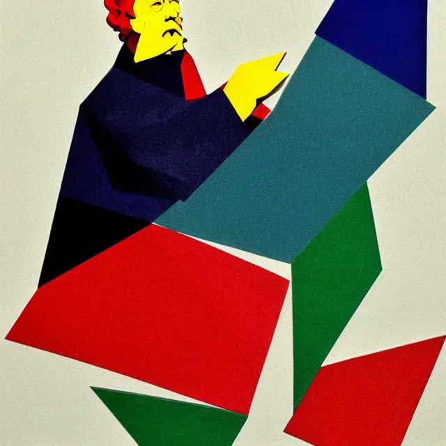 Prompt: origami of karl marx in a minimalist collage of geometric shapes, tetrachromacy, primary colors, in the style of ikko tanaka, japanese graphic design, 1 9 9 0