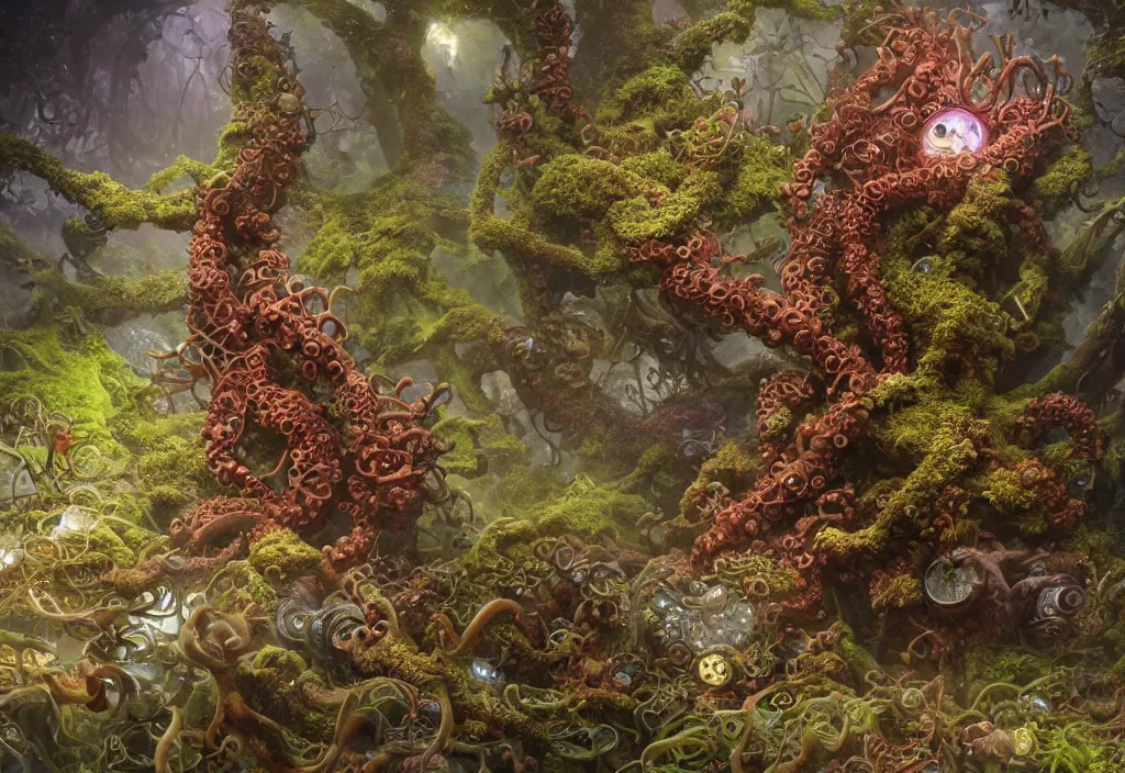 Image similar to illustrationand highly detailed render of a strange moss fungus and coral creature, lovecraftian, steampunk, biological, milky way environment, ultra realistic, concept art, intricate details, cheerful, highly detailed, photorealistic, octane render, 8 k, unreal engine. art by hr guger and artgerm and greg rutkowski and alphonse mucha