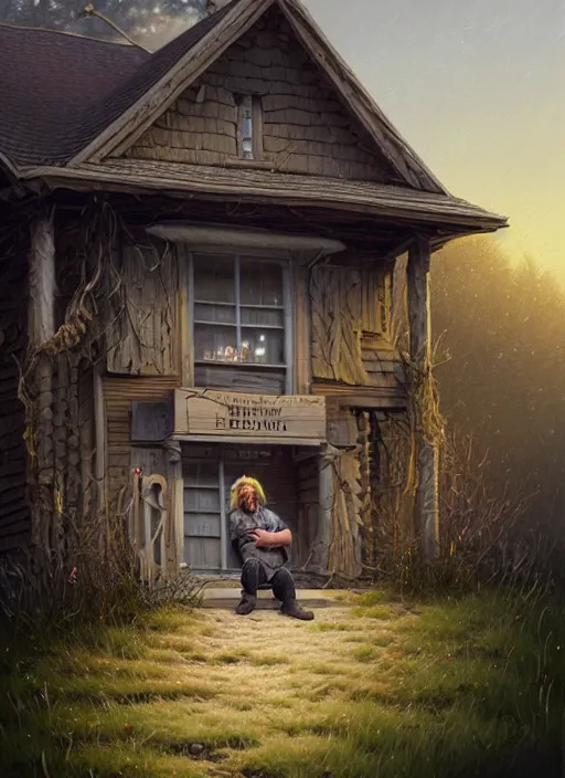 Image similar to highly detailed portrait of a blonde long - haired hillbilly in front of old style house, with his fluffy black and gray australian shepherd, stephen bliss, art by greg rutkowski, loish, rhads, ferdinand knab, makoto shinkai and lois van baarle, tom bagshaw, global illumination, artstation