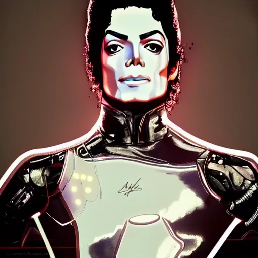 Image similar to photo of michael jackson wearing robot suit with wires and light, highly detailed, photorealistic, artstation, smooth