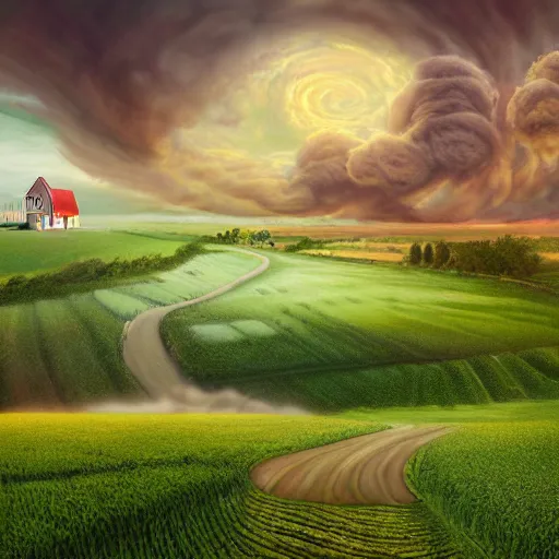 Prompt: photo realistic panoramic landscape painting of dorothy's town being taken away by a giant twisting tornado, home getting torn out and flying into the tornado, in the art style of dr. who, rule of thirds, centered, highly detailed, seamless wizard of oz kansas farm environment, early morning, vivid color, 8 k