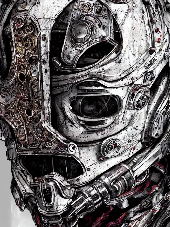 Prompt: portrait art of 8k ultra realistic undead businessman, intricate high tech helmet , detailed intricate ornate space suit,decaying, cybernetic, full of colour, cinematic lighting, battered, trending on artstation, 4k, hyperrealistic, focused, extreme details,unreal engine 5, cinematic, masterpiece, art by ayami kojima, giger