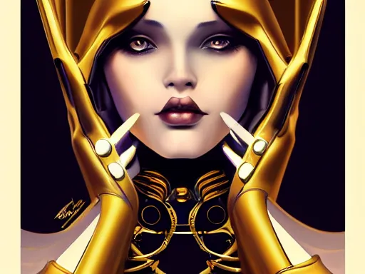 Image similar to beauty art nouveau woman, black and gold robotic, trending on artstation, by Artgerm