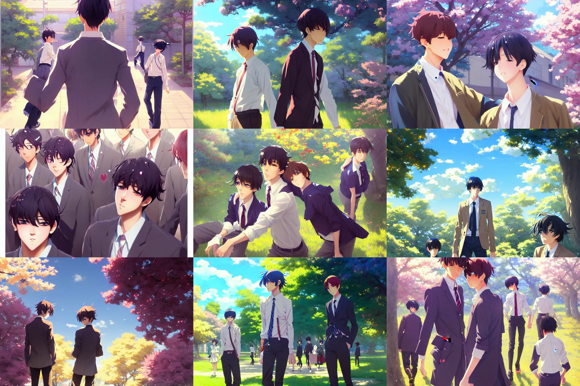 Prompt: boy's love anime high school spring noon scene, high detail concept art, perfect proportions fine face, tall handsome guys, close together romantic undertones, avant designer uniform, vivid colors, realistic shaded lighting poster fantasy art artgerm, kyoani, katsuhiro, jeremy lipking and michael germash, makoto shinkai, loish, best selling artist