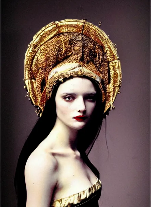 Image similar to portrait of young woman in renaissance dress and renaissance headdress, art by helmut newton