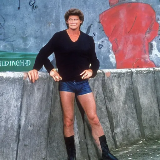 Prompt: David Hasselhoff bringing dien the Berlin Wall