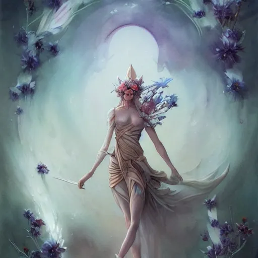 Image similar to full body portrait, long shot, of a beautiful goddess, sworming in flowers, magical, pale skin, blue eyes, long black hair, floating in a misty daze, by pete mohrbacher and greg rutkowski, watercolor painting,q deviantart, pinterest