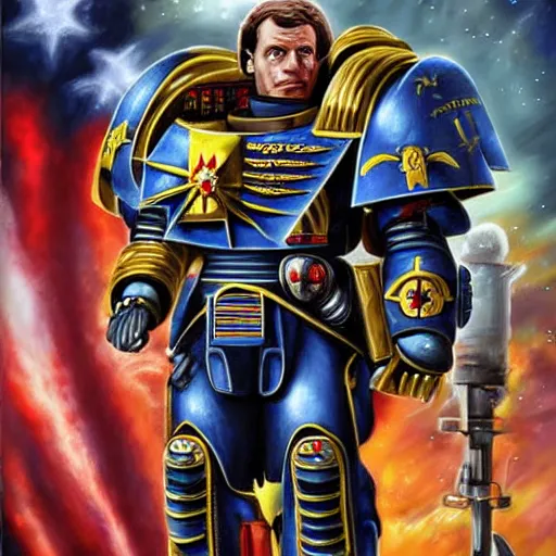 Image similar to Emmanuel macron, in Space Marine armor from Warhammer 40k, high detail, realistic, art by digital art