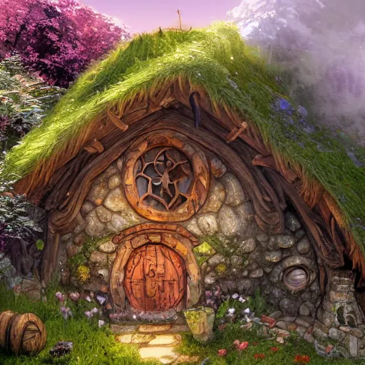 Prompt: a medieval hobbit house made of colorful crystal, ornate, beautiful, atmosphere, vibe, flowers, concept art illustration, color page, 4 k, tone mapping, doll, akihiko yoshida, james jean, andrei riabovitchev, marc simonetti, yoshitaka amano, digital illustration, greg rutowski, volumetric lighting, sunbeams, particles