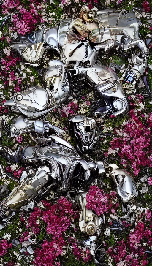 Prompt: destroyed terminator lying in a field of flowers, twisted, chrome, reflections, anthropomorphic, photorealism, smoke, 8 k, wires, smooth, sharp focus, top view, extremely detailed, hyperrealism, elegant, establishing shot, by jeff koons, artgerm and greg rutkowski