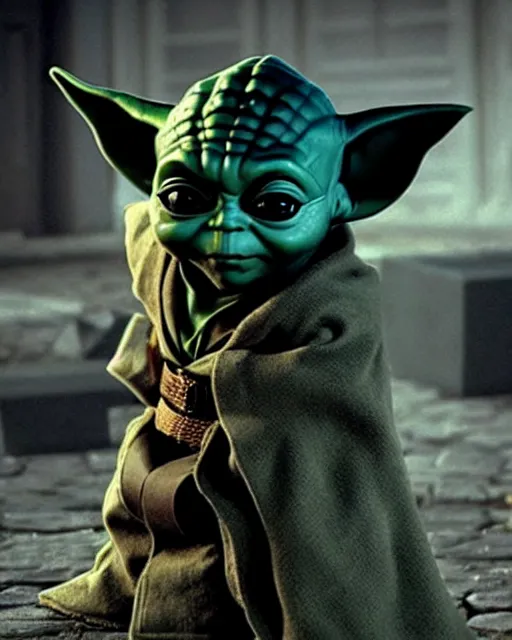 Image similar to epic action still of baby yoda wearing batman outfit as batman in the style of batman the dark knight rises