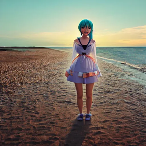 Image similar to hatsune miku takes a walk on evening beach, photo, f 2,4