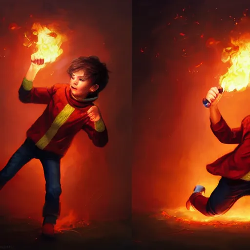 Image similar to colorful and festive captivating young child boy, brown fluffy hair, wearing red and yellow hero suit, shooting a fire ball out of his fist. full body, rich vivid colors, ambient lighting, dynamic lighting, 4 k, atmospheric lighting, painted, intricate, highly detailed by charlie bowater