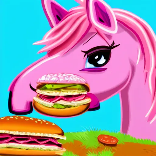 Prompt: a pretty pink unicorn character eating a little hamburger on the ground in a field | digital art | cell shading | very high quality | very detailed | totally awesome | very cute | horselike | eating a little hamburger | very beautiful