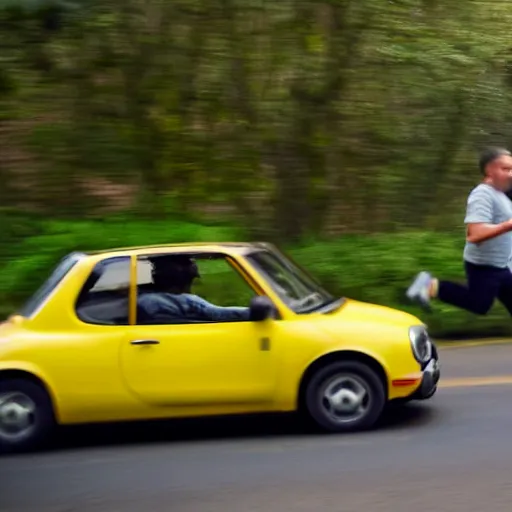 Image similar to a man being chased by a tiny fast yellow car in the wild