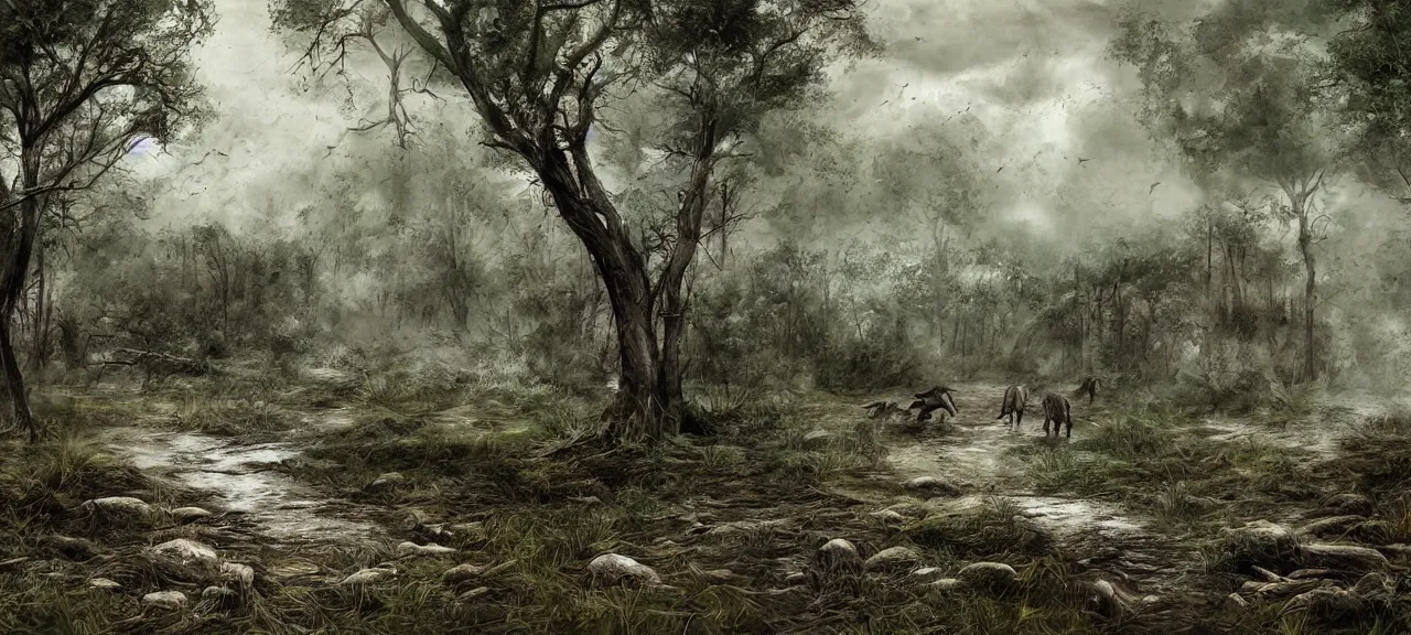 Image similar to prehistorical landscape, heavy rain, crowd of predator hunting prey, photorealistic, digital painting