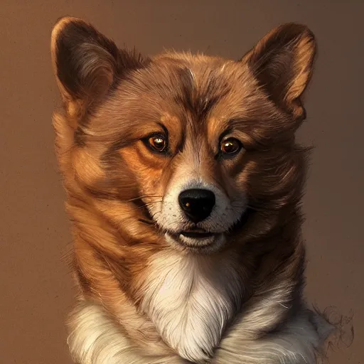 Image similar to portrait of a young, ruggedly handsome corgi, soft hair, muscular, half body, cloth, hairy, d & d, fantasy, intricate, elegant, highly detailed, digital painting, artstation, concept art, smooth, sharp focus, illustration, art by artgerm and greg rutkowski and alphonse mucha