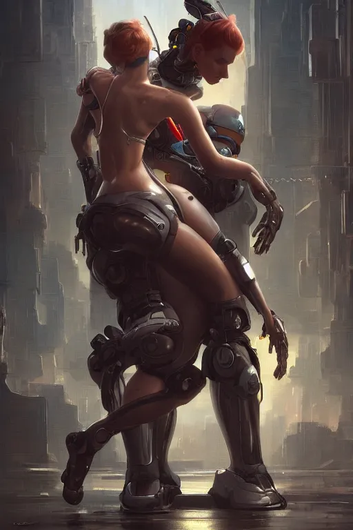 Image similar to Ultra realistic illustration,robot carries a woman in his arms, cyberpunk, sci-fi, fantasy, intricate, elegant, highly detailed, digital painting, artstation, concept art, smooth, sharp focus, illustration, art by artgerm and greg rutkowski and alphonse mucha