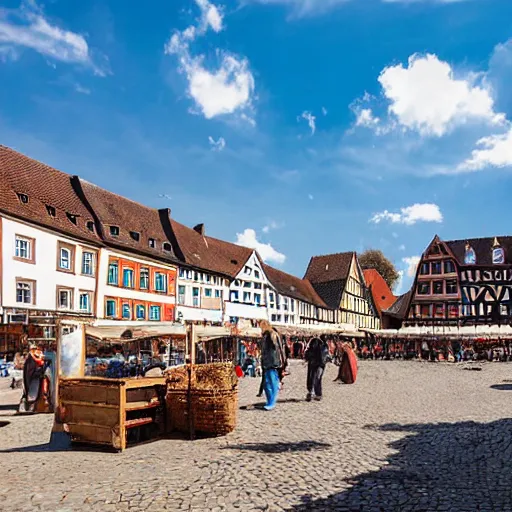 Image similar to A photograph taken in 1200AD of the market Square of a medieval town, Germany 1200AD. midday, clear sky. The market is filled with merchants selling goods and surrounded by Half-timbered houses. cobblestone, brick, market, tents, merchants. 75mm