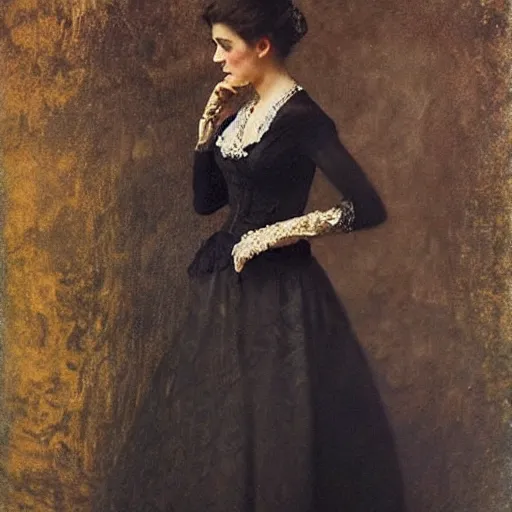 Image similar to victorian girl in ball gown absent - mind looking at her dance card, painting by alfred stevens